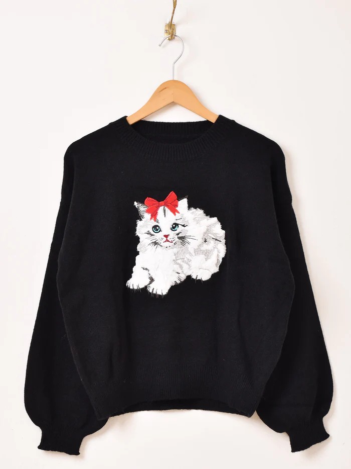 【2色展開】Meridian ネコ 刺繍 セーター