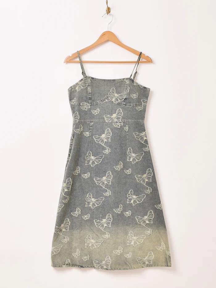 Meridian バタフライ柄 デニム キャミソールワンピース