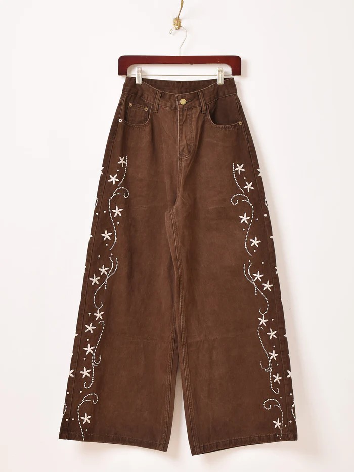 Meridian 刺繍 ブラウンカラー ワイドパンツ