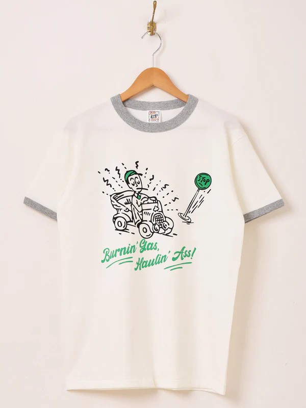 【2色展開】 プリント リンガーTシャツ「Burnin' Gas, Haulin' Ass!!」